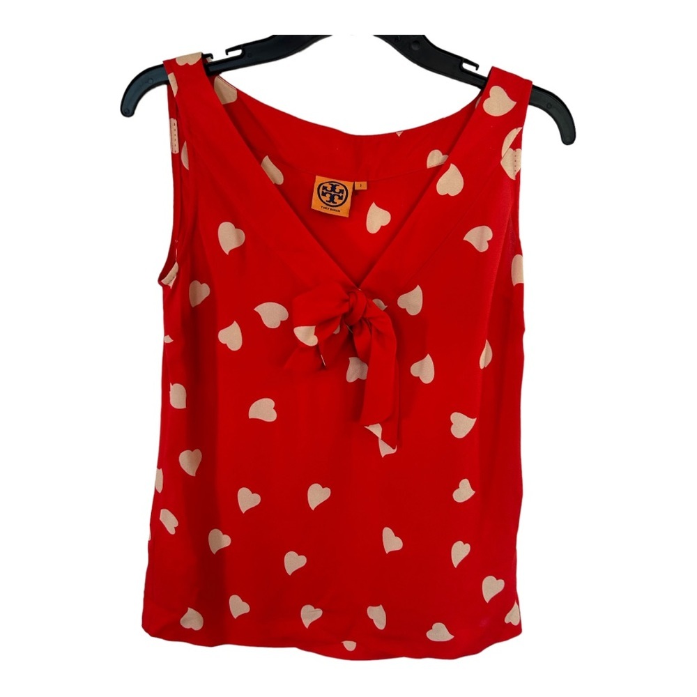 Tory Burch Women’s Top Red Cream Heart Print  Sleeveless Tie Blouse Size 2 P506